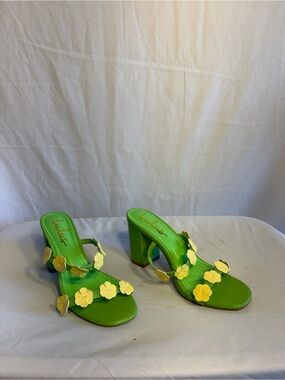 Lulu's Lime Green Floral Block Heel Sandals